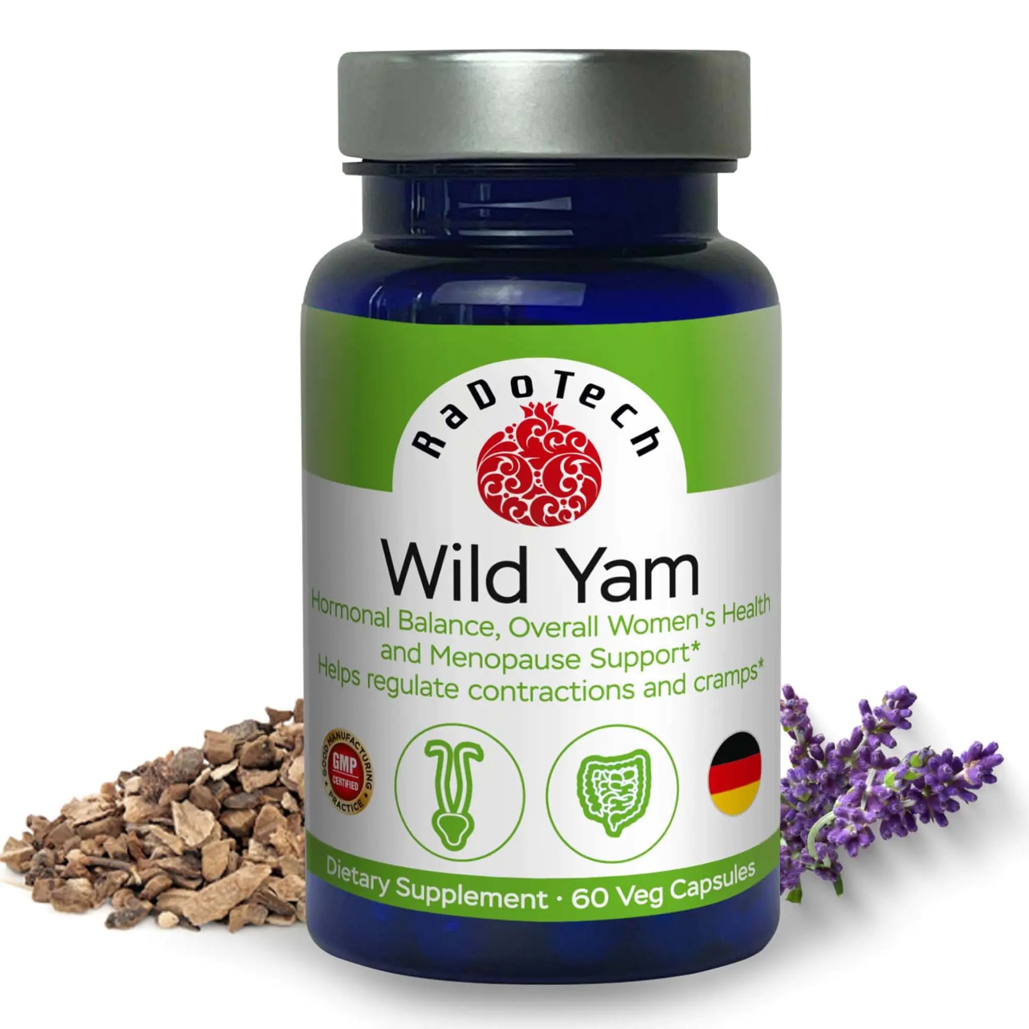 RaDoTech - Wild Yam Menopause Supplements for Women Premenstrual and Menopause Support and Hormone Balance Relaxes Muscles Alleviates Cramps and Other Discomforts 60 Veg Capsules GMP