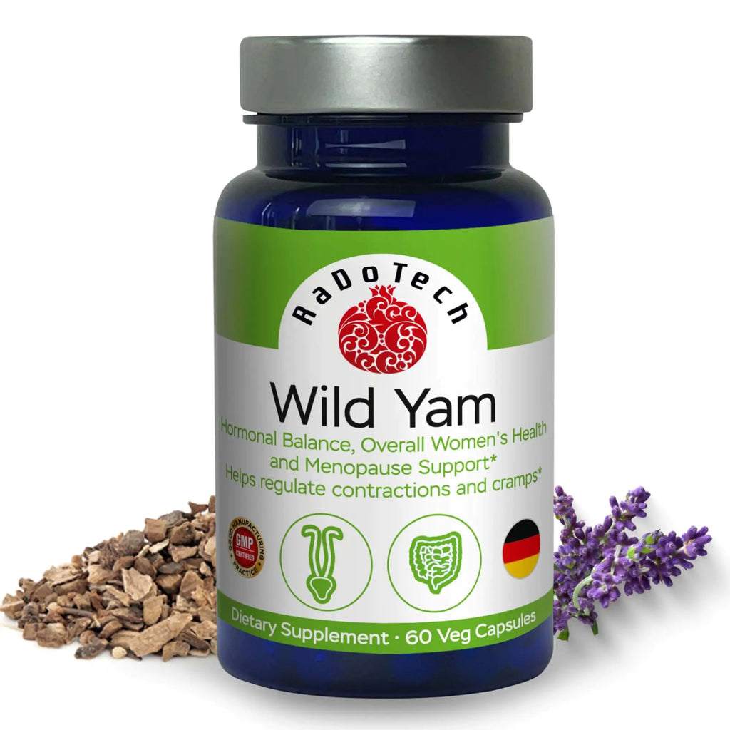 RaDoTech - Wild Yam Menopause Supplements for Women Premenstrual and Menopause Support and Hormone Balance Relaxes Muscles Alleviates Cramps and Other Discomforts 60 Veg Capsules GMP